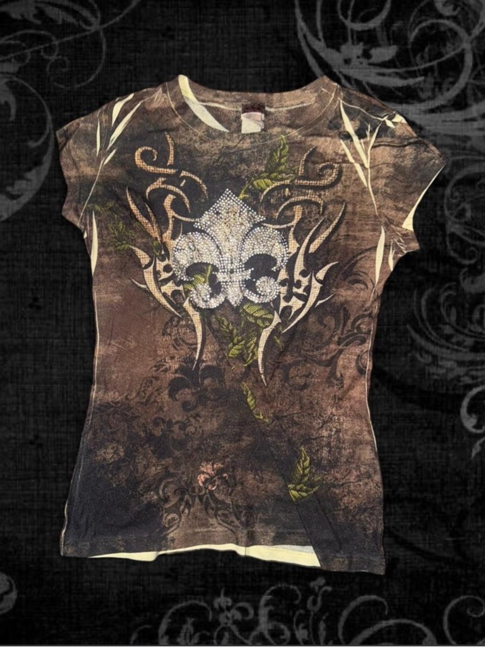 R ready Brown Rhinestone Fleur-de-Lis Graphic Tee